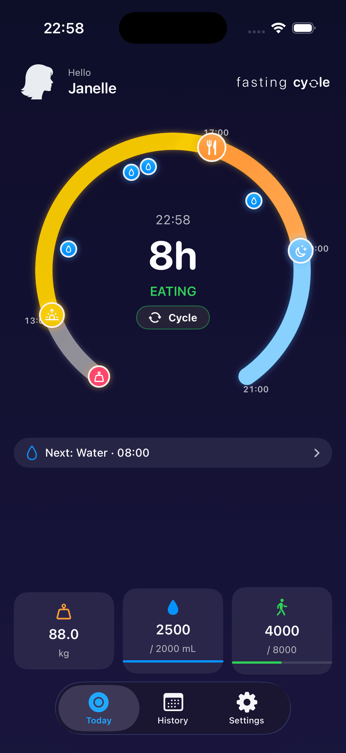 Dark mode — eating with weight, water, and steps.