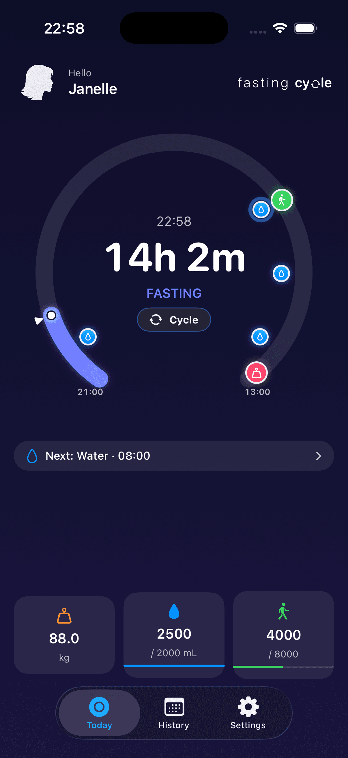 Dark mode — fasting, stripped to what matters.