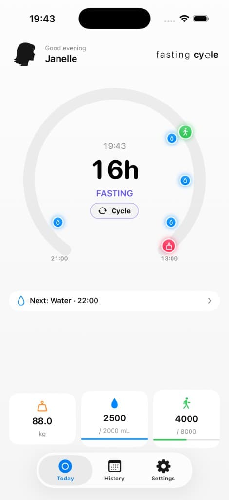 Fasting — 16h countdown, calm and at a glance.