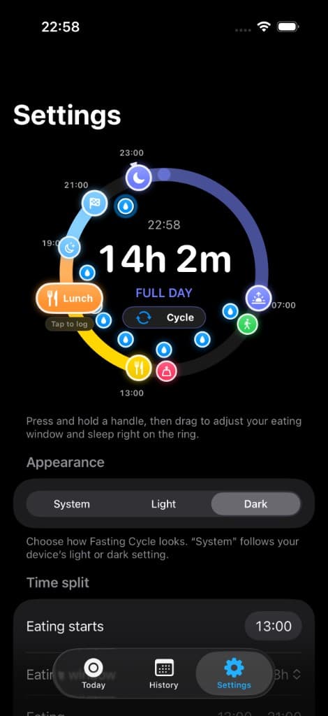 Dark mode — the full-day circle.