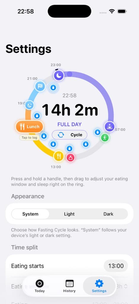 Settings — drag the ring to shape your window.
